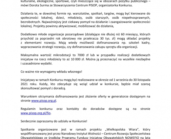 Konkurs mikrodotacji - Wielkopolska Wiara 2021 